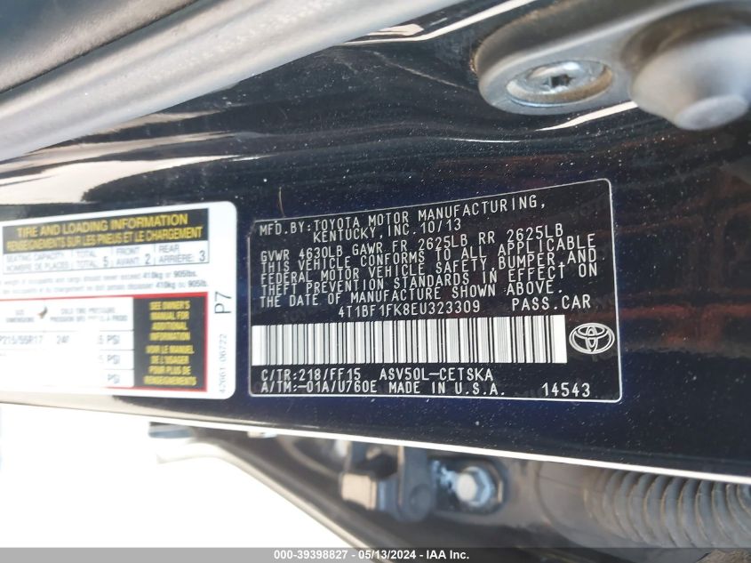 2014 Toyota Camry Se VIN: 4T1BF1FK8EU323309 Lot: 39398827