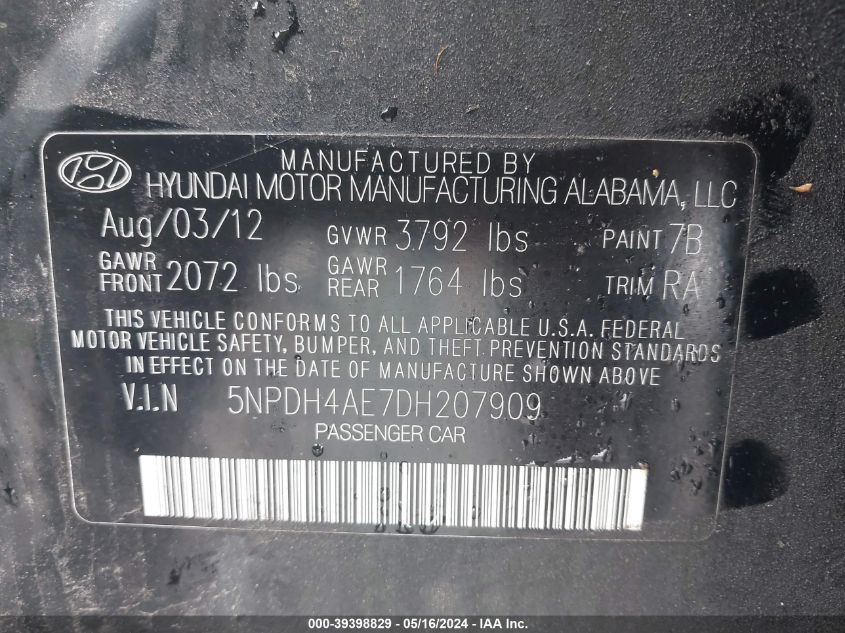2013 Hyundai Elantra Gls VIN: 5NPDH4AE7DH207909 Lot: 39398829
