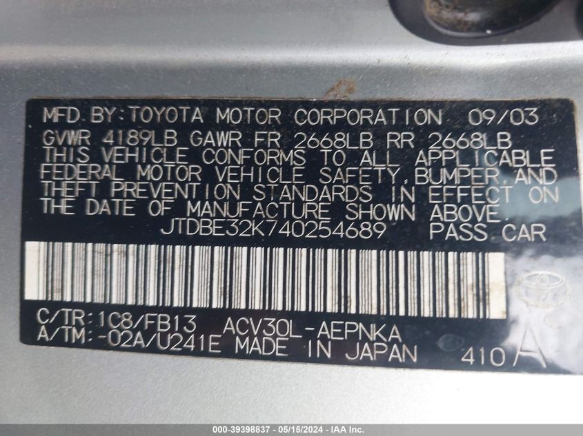 2004 Toyota Camry Le VIN: JTDBE32K740254689 Lot: 39398837