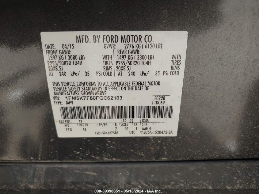 2015 Ford Explorer Limited VIN: 1FM5K7F80FGC62103 Lot: 39398851