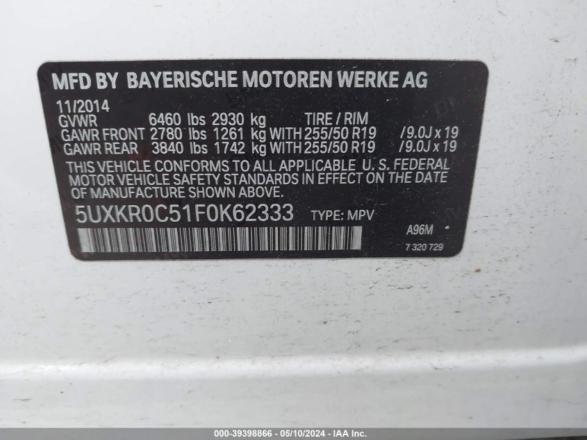 2015 BMW X5 xDrive35I VIN: 5UXKR0C51F0K62333 Lot: 39398866