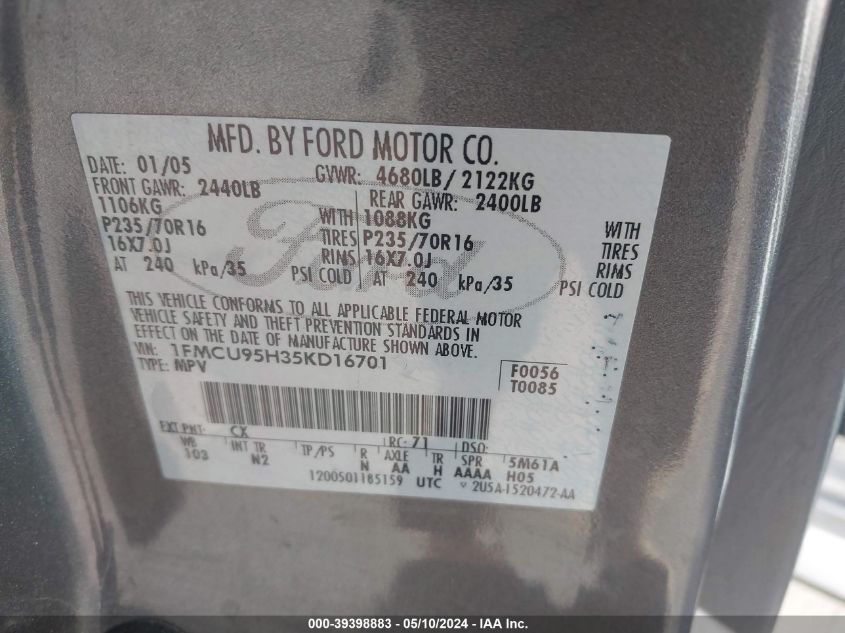 2005 Ford Escape Hybrid VIN: 1FMCU95H35KD16701 Lot: 39398883