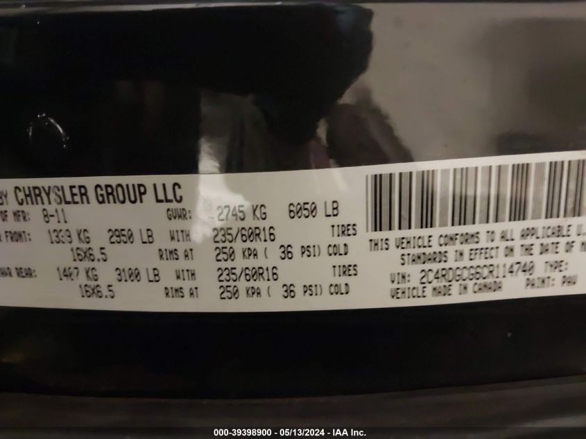 2012 Dodge Grand Caravan Sxt VIN: 2C4RDGCG6CR114740 Lot: 39398900