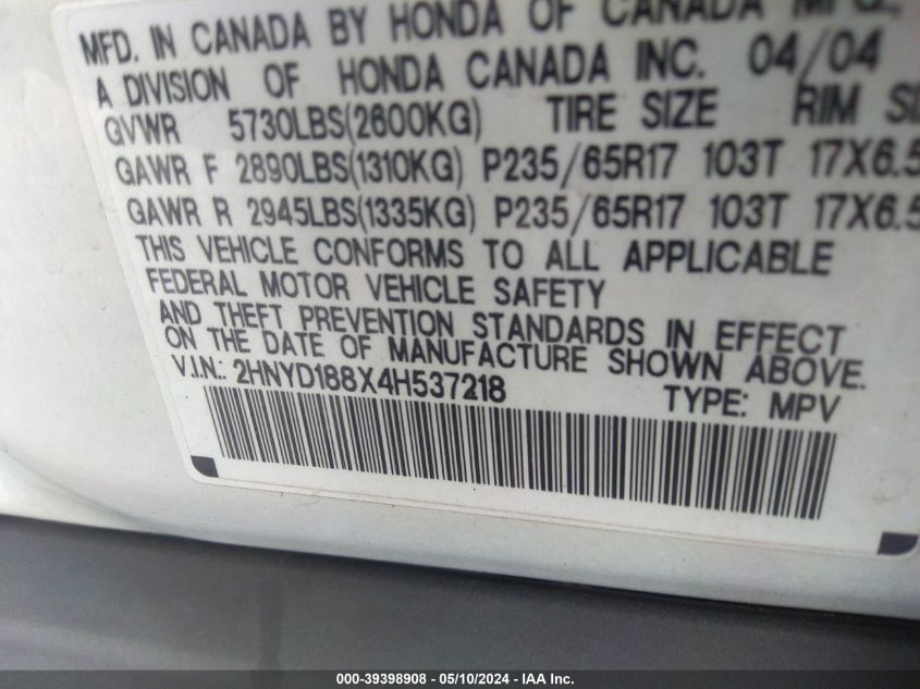 2004 Acura Mdx VIN: 2HNYD188X4H537218 Lot: 39398908