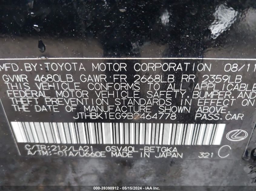 2011 Lexus Es 350 VIN: JTHBK1EG9B2464778 Lot: 39398912