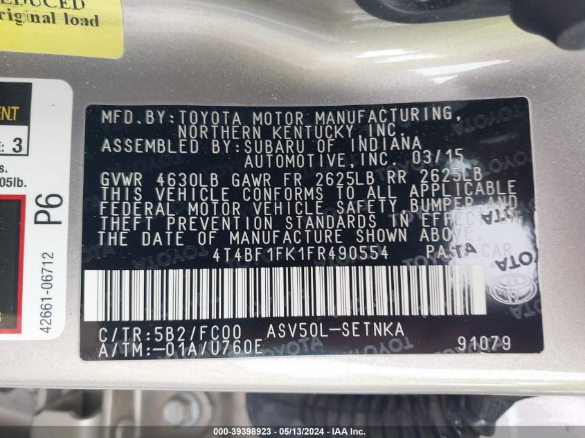 2015 Toyota Camry Le VIN: 4T4BF1FK1FR490554 Lot: 39398923