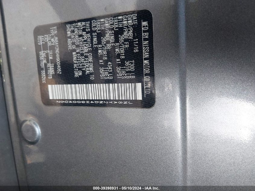 2017 Nissan Armada Sv VIN: JN8AY2ND4H9004052 Lot: 39398931