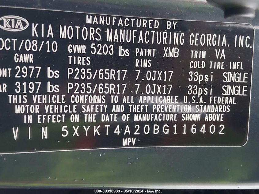 2011 Kia Sorento Lx V6 VIN: 5XYKT4A20BG116402 Lot: 39398933