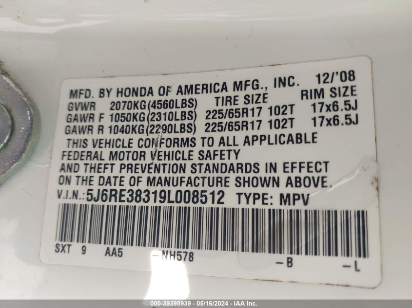2009 Honda Cr-V Lx VIN: 5J6RE38319L008512 Lot: 39398939