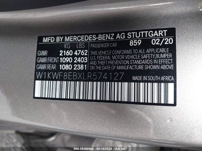 2020 Mercedes-Benz C 300 4Matic VIN: W1KWF8EBXLR574127 Lot: 39398946