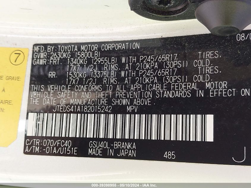 2008 Toyota Highlander VIN: JTEDS41A182015242 Lot: 39398955