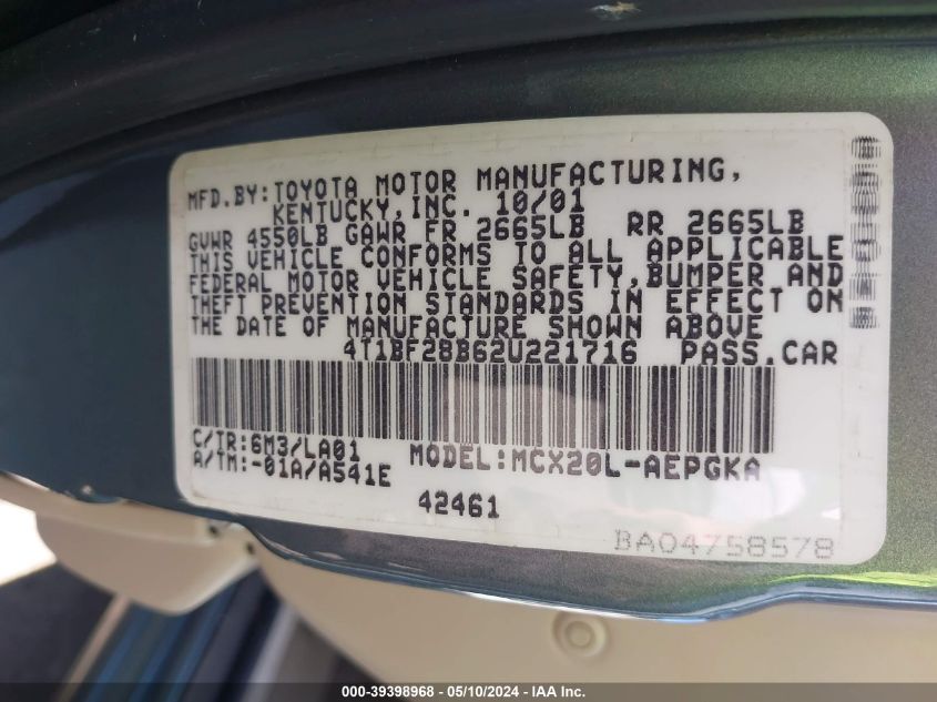 2002 Toyota Avalon Xls VIN: 4T1BF28B62U221716 Lot: 39398968