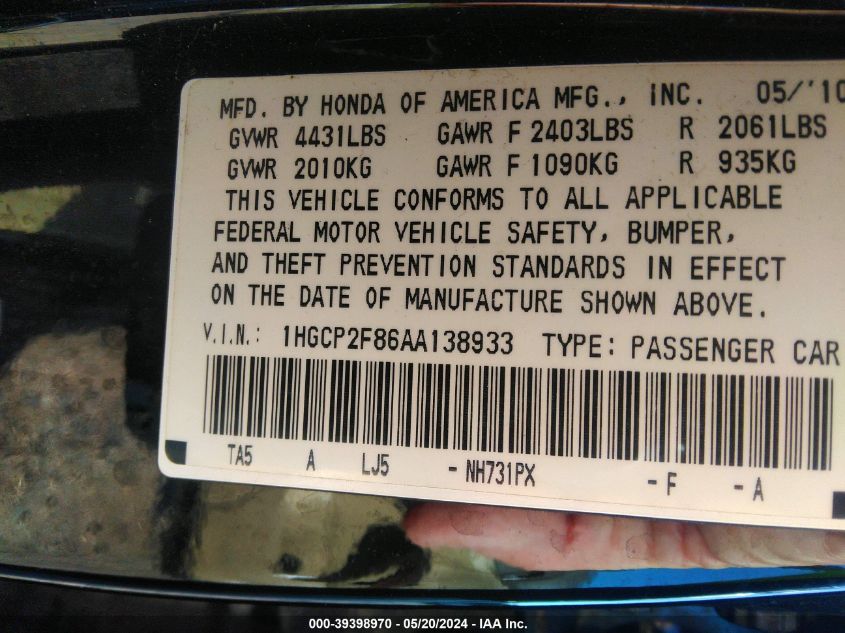 2010 Honda Accord 2.4 Ex-L VIN: 1HGCP2F86AA138933 Lot: 39398970