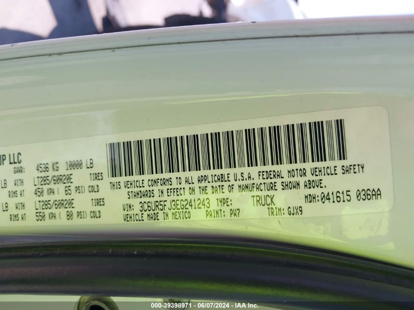 2014 Ram 2500 Laramie VIN: 3C6UR5FJ3EG241243 Lot: 39398971