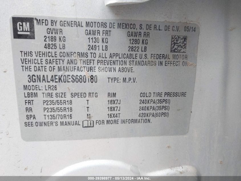 2014 Chevrolet Captiva Sport Ltz VIN: 3GNAL4EK0ES680180 Lot: 39398977