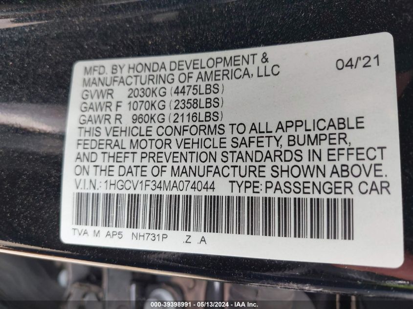 2021 Honda Accord Sport VIN: 1HGCV1F34MA074044 Lot: 39398991