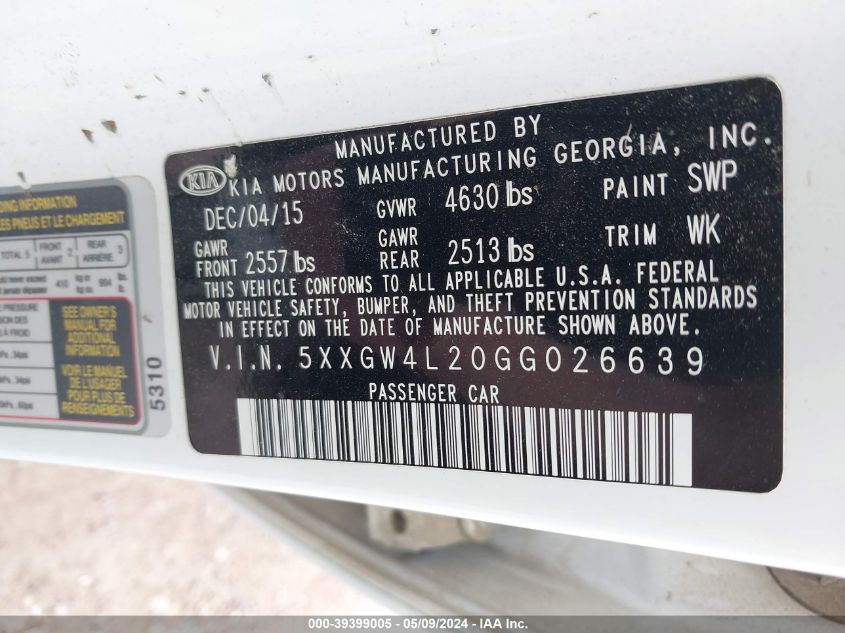 2016 Kia Optima Sx Turbo VIN: 5XXGW4L20GG026639 Lot: 39399005
