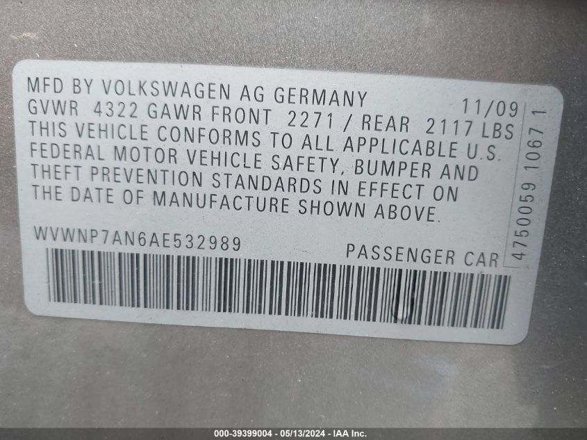 2010 Volkswagen Cc Sport VIN: WVWNP7AN6AE532989 Lot: 39399004