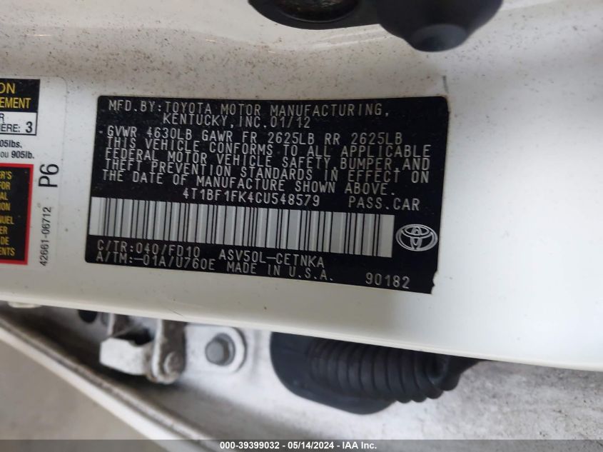 2012 Toyota Camry Le VIN: 4T1BF1FK4CU548579 Lot: 39399032