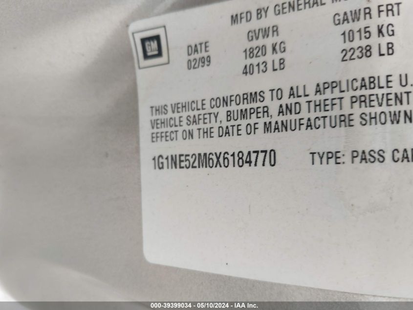 1999 Chevrolet Malibu Ls VIN: 1G1NE52M6X6184770 Lot: 39399034