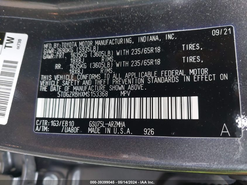 5TDGZRBHXMS153368 2021 Toyota Highlander Xle