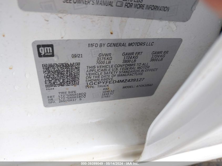 2021 Chevrolet Silverado 1500 4Wd Short Bed Lt Trail Boss VIN: 1GCPYFED4MZ439127 Lot: 39399049