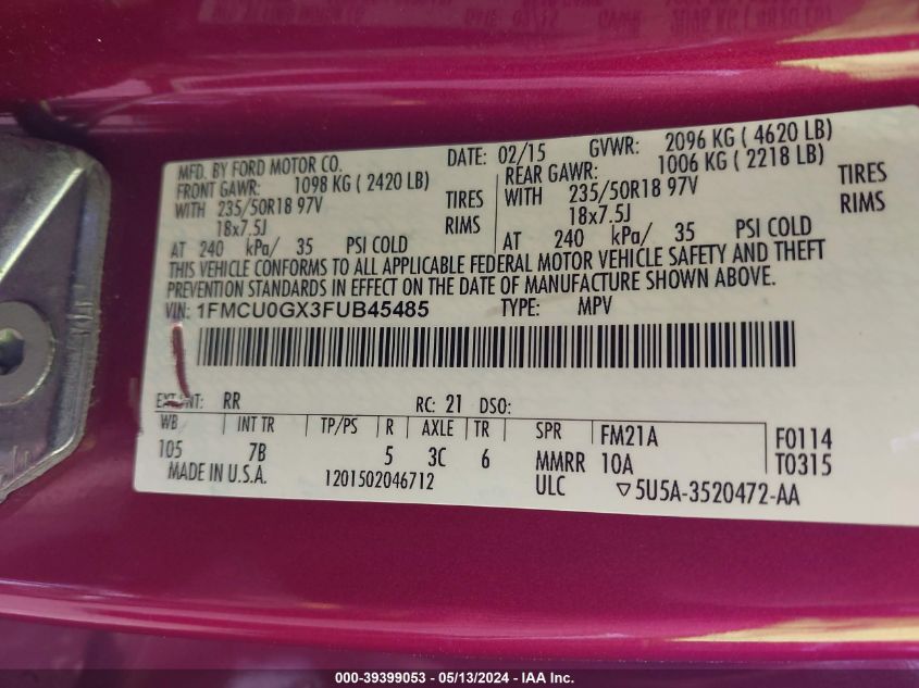 2015 Ford Escape Se VIN: 1FMCU0GX3FUB45485 Lot: 39399053