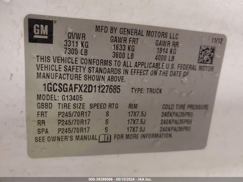 2013 Chevrolet Express 1500 Work Van VIN: 1GCSGAFX2D1127685 Lot: 39399066