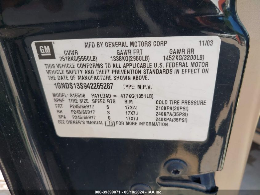 2004 Chevrolet Trailblazer Lt VIN: 1GNDS13S942265287 Lot: 39399071