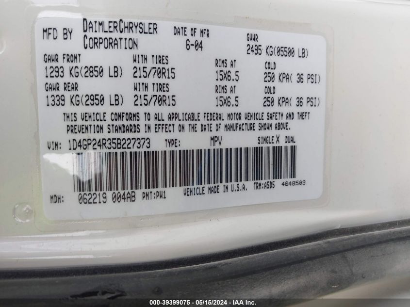 2005 Dodge Grand Caravan Se VIN: 1D4GP24R35B227373 Lot: 39399075