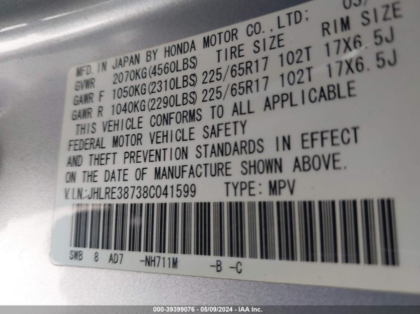 2008 Honda Cr-V Ex-L VIN: JHLRE38738C041599 Lot: 39399076