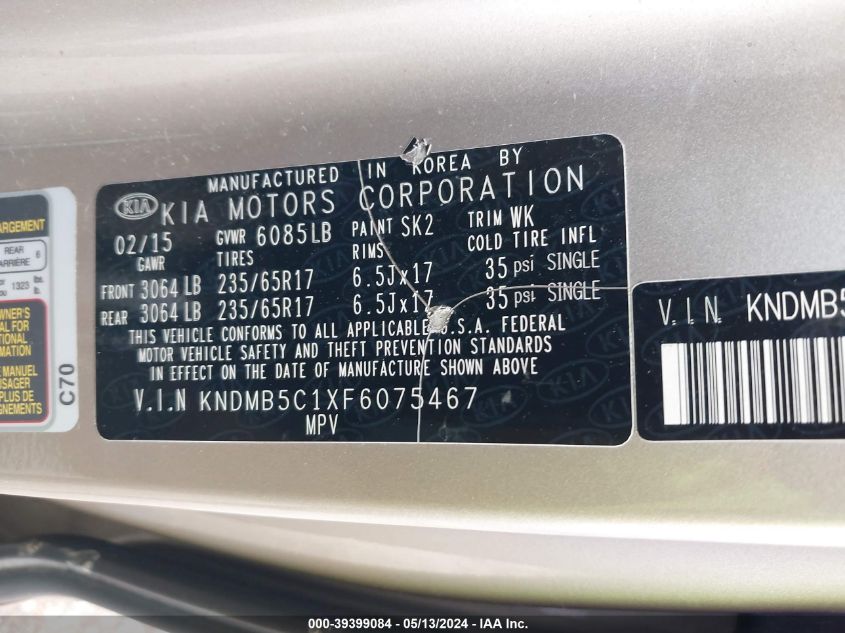 2015 Kia Sedona Lx VIN: KNDMB5C1XF6075467 Lot: 39399084