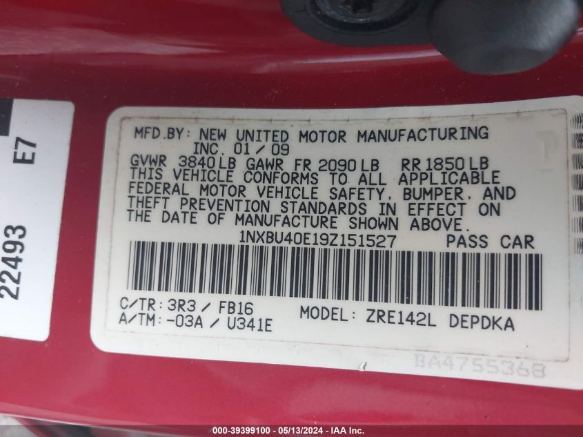 2009 Toyota Corolla Le VIN: 1NXBU40E19Z151527 Lot: 39399100