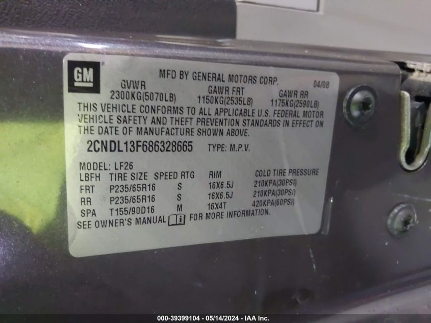 2008 Chevrolet Equinox Ls VIN: 2CNDL13F686328665 Lot: 39399104