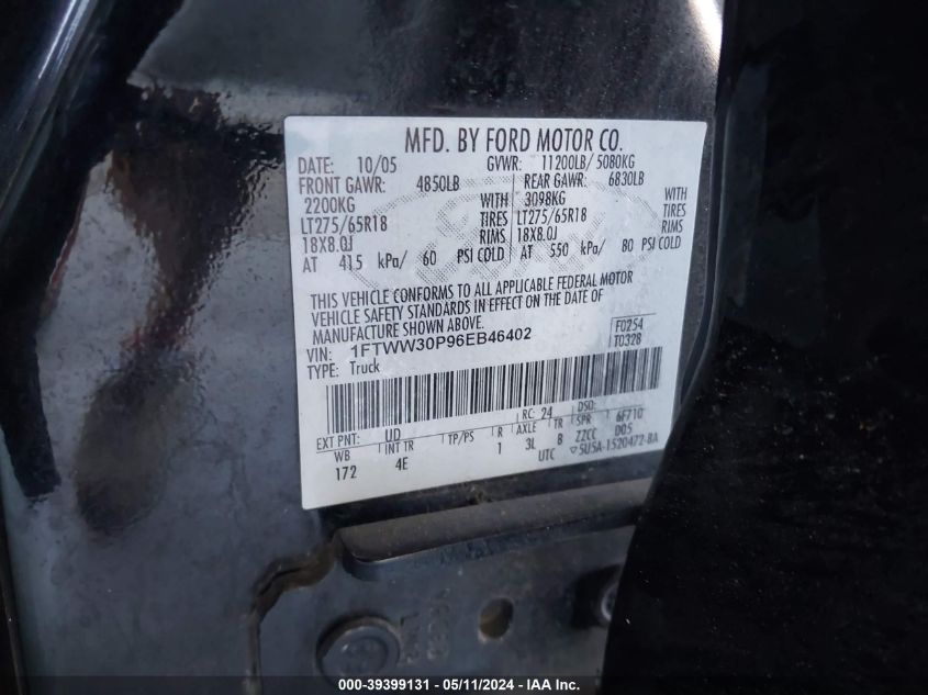 2006 Ford F-350 Lariat/Xl/Xlt VIN: 1FTWW30P96EB46402 Lot: 39399131