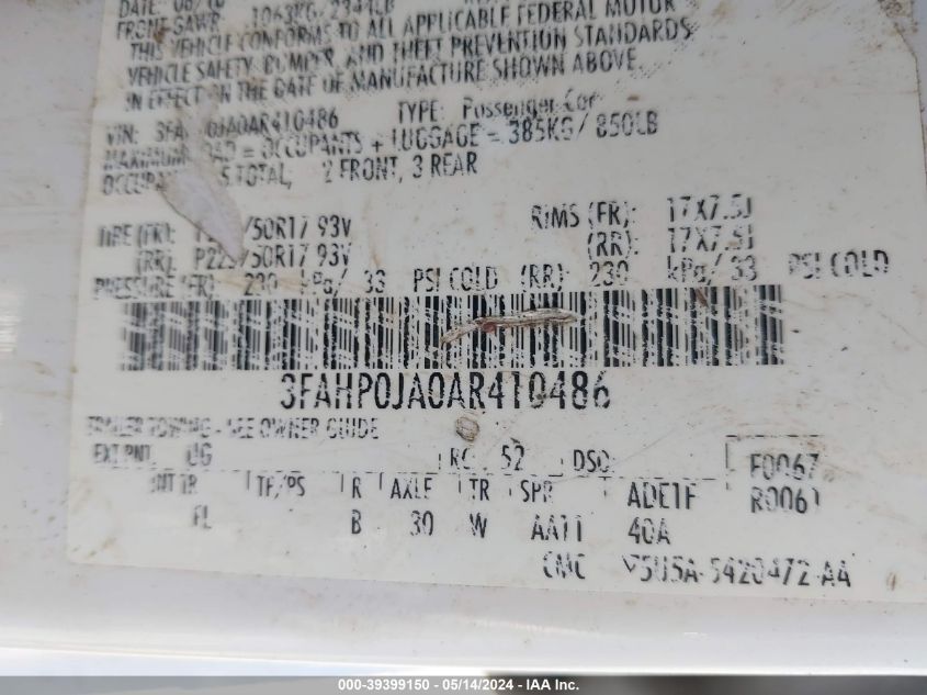 2010 Ford Fusion Sel VIN: 3FAHP0JA0AR410486 Lot: 39399150