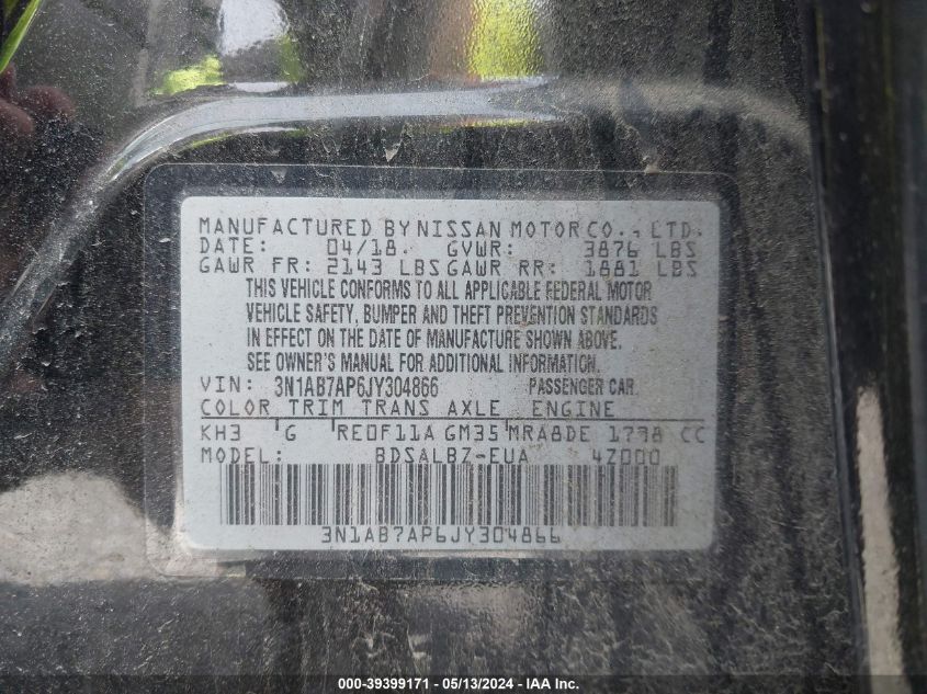 2018 Nissan Sentra S VIN: 3N1AB7AP6JY304866 Lot: 39399171