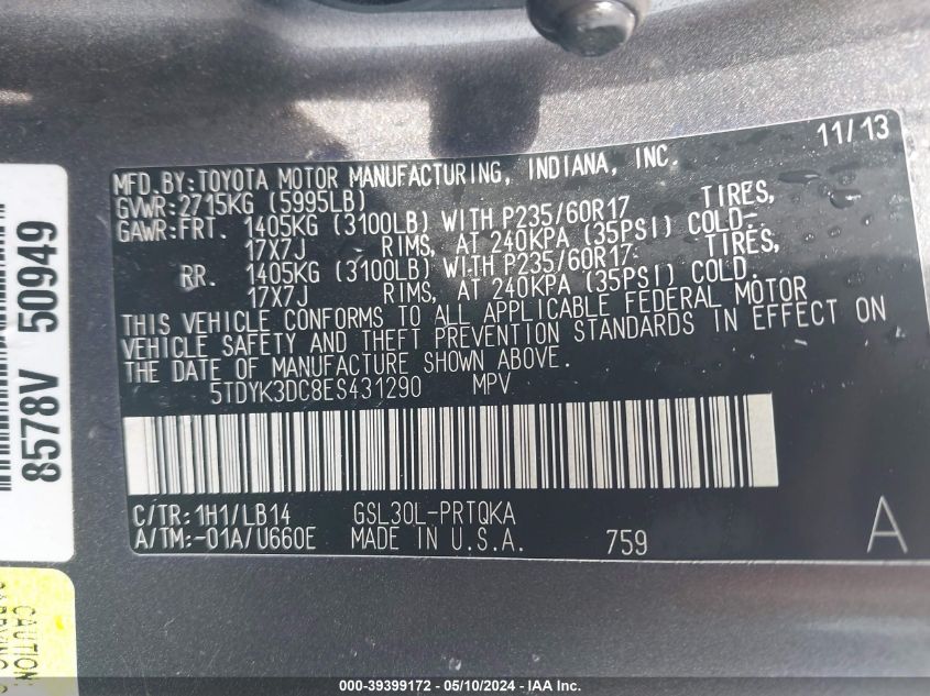 2014 Toyota Sienna Xle V6 8 Passenger VIN: 5TDYK3DC8ES431290 Lot: 39399172