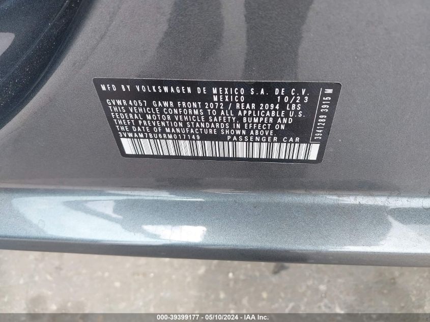 2024 Volkswagen Jetta 1.5T Sport VIN: 3VWAM7BU6RM017149 Lot: 39399177