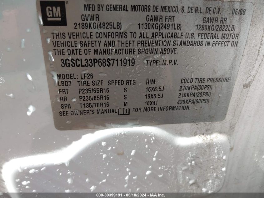 2008 Saturn Vue 4-Cyl Xe VIN: 3GSCL33P68S711919 Lot: 39399191