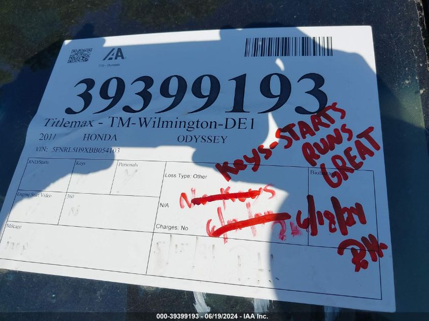 2011 Honda Odyssey Touring/Touring Elite VIN: 5FNRL5H9XBB054103 Lot: 39399193