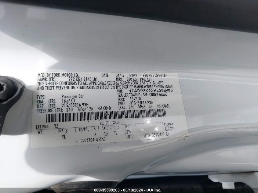 2017 Ford Focus Se VIN: 1FADP3K2XHL268485 Lot: 39399203