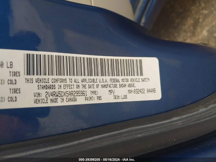 2010 Volkswagen Routan Sel VIN: 2V4RW5DX5AR295961 Lot: 39399205