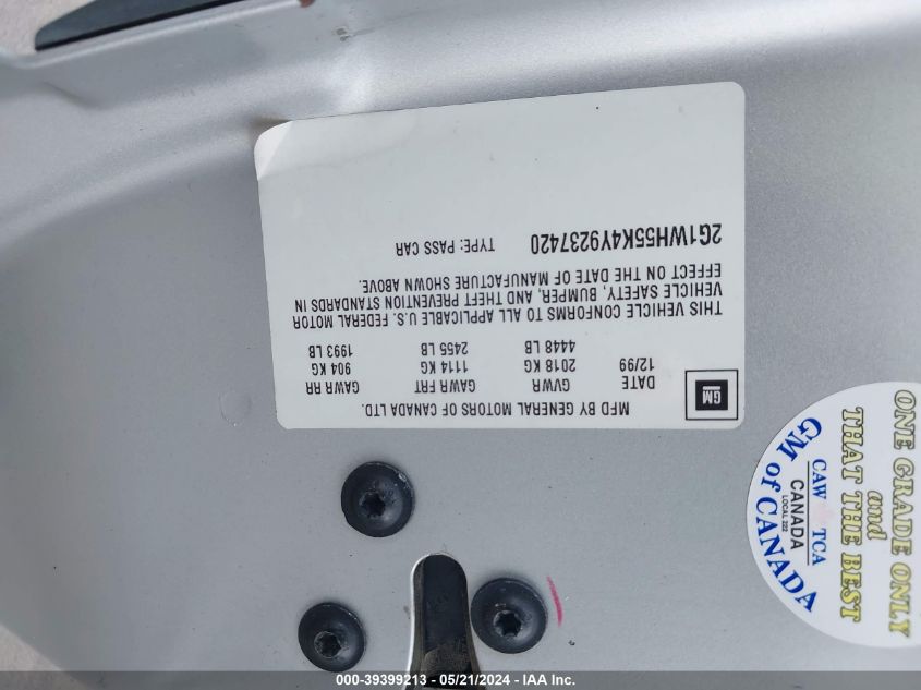 2000 Chevrolet Impala Ls VIN: 2G1WH55K4Y9237420 Lot: 39399213