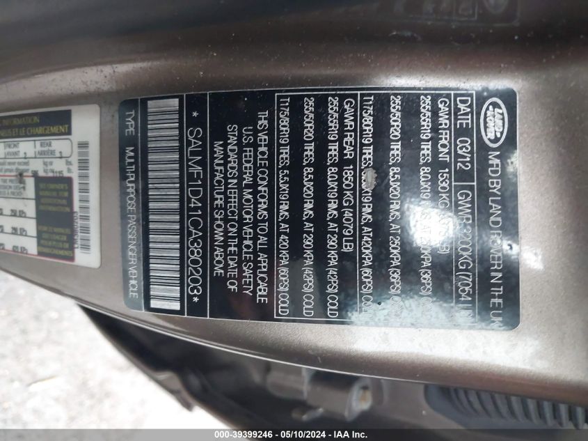 2012 Land Rover Range Rover Hse VIN: SALMF1D41CA380203 Lot: 39399246