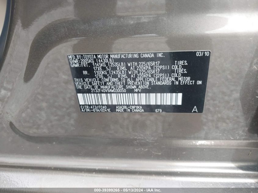 2010 Toyota Rav4 VIN: 2T3ZF4DV9AW030050 Lot: 39399265