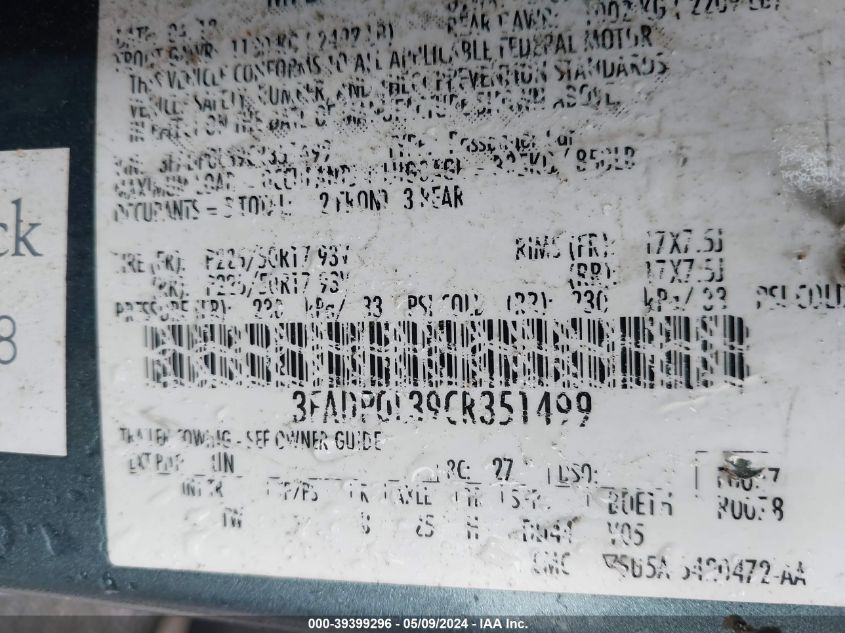 2012 Ford Fusion Hybrid VIN: 3FADP0L39CR351499 Lot: 39399296