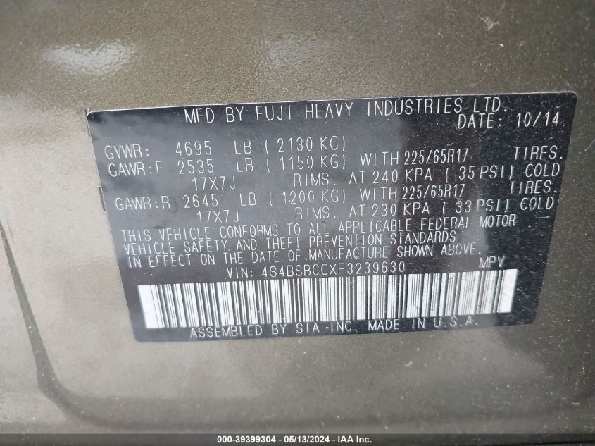 2015 Subaru Outback 2.5I Premium VIN: 4S4BSBCCXF3239630 Lot: 39399304