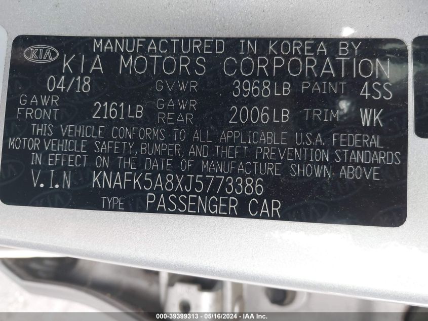 2018 Kia Forte Lx VIN: KNAFK5A8XJ5773386 Lot: 39399313