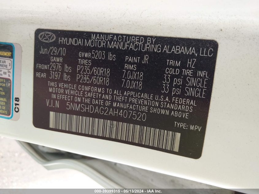 2010 Hyundai Santa Fe Se VIN: 5NMSHDAG2AH407520 Lot: 39399315